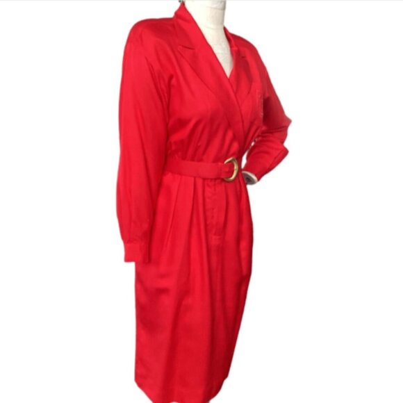 Liz Claiborne 100% Silk Shirt Dress Embroidered Pocket Belted Petite 6 Red #189A - Picture 4 of 13